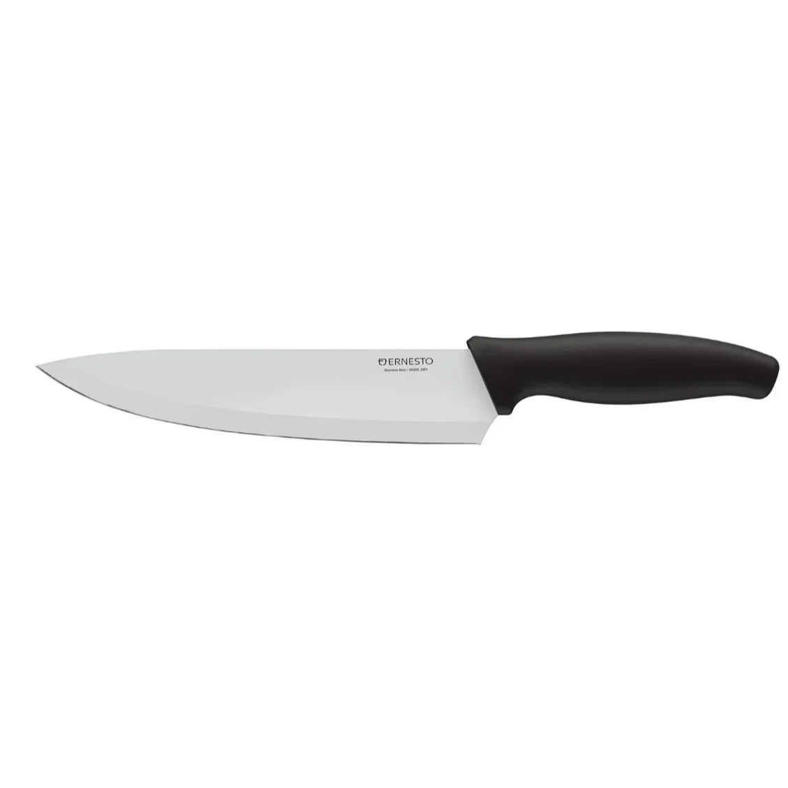 Knife with black handle and silver blade on a white background