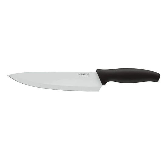 Knife with black handle and silver blade on a white background